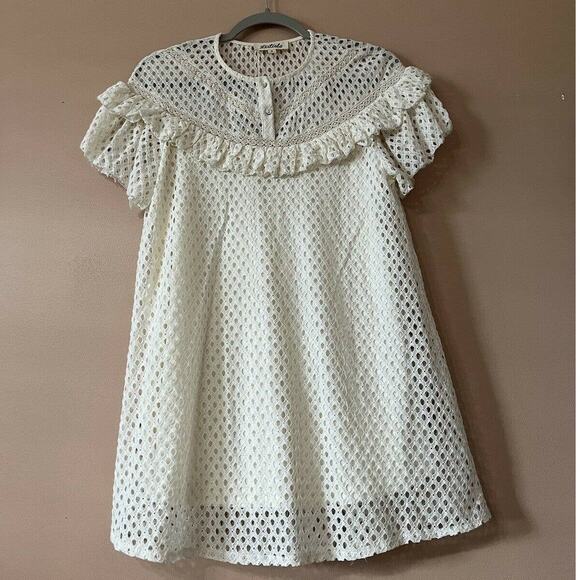 listicle Ivory Textured Woven Halter Neck mini dress Ruffle Sz S Short Sleeve - Picture 1 of 11